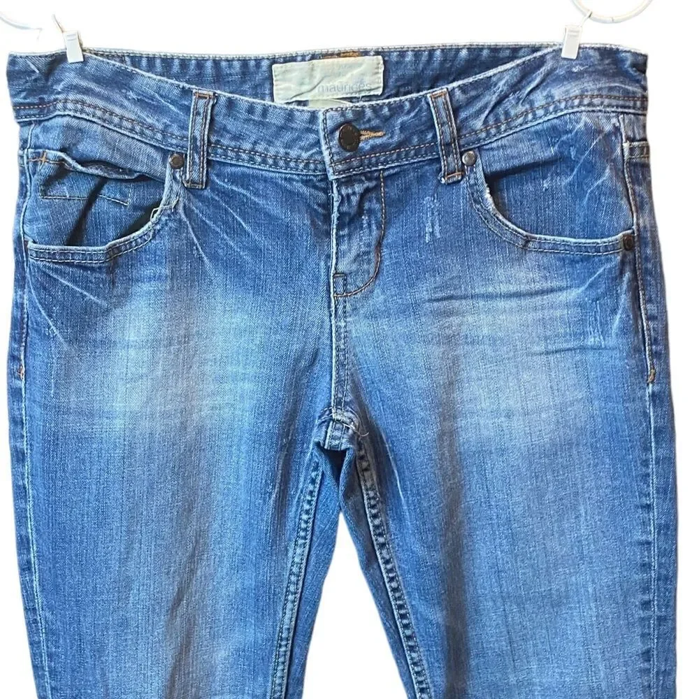 Maurice’s Molly Flare Wm’s Sz 3/4 Long Dark Blue Distressed Denim Jeans